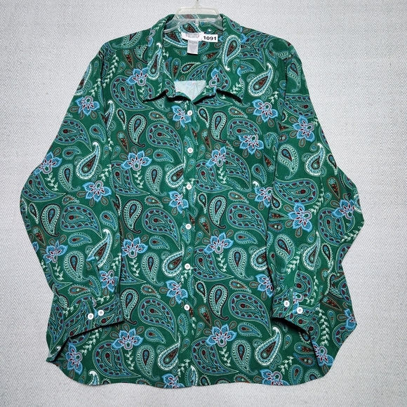 Mainstreet Blues Tops - Mainstreet Blues Womans 4X Christmas Green Paisley Women's Button Down Shirt